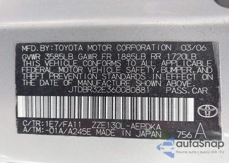 2006 Toyota Corolla Ce из США, поврежденный, VIN JTDBR32E360080881